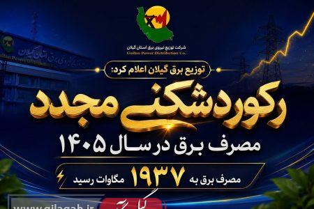 رکوردشکنی مجدد مصرف برق گیلان در سال ۱۴۰۵/مصرف برق به ۱۹۳۷ مگاوات رسید